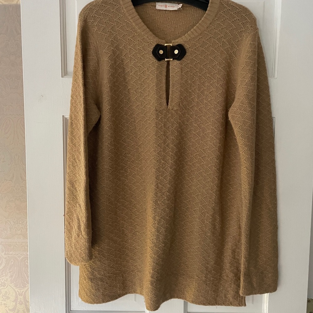 Tory Burch Camel/Tan Textured Crewneck Sweater with Decorative Buckle